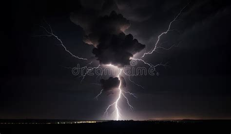 Lightning Strike On The Dark Cloudy Sky Night Thunder Storm Stock