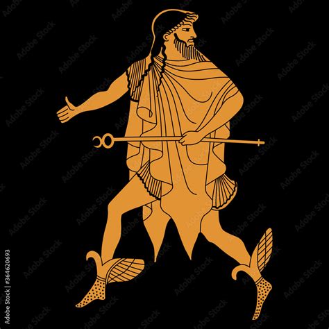 Running Ancient Greek God Hermes With Caduceus Vase Painting Style