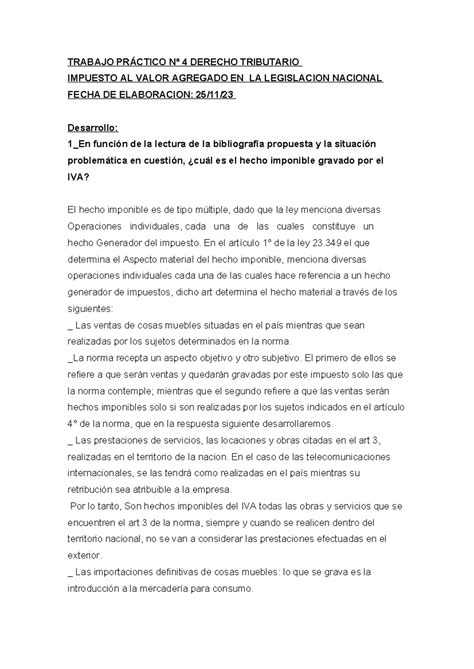 Tp Tributario Trabajo Pr Ctico N Derecho Tributario Impuesto Al