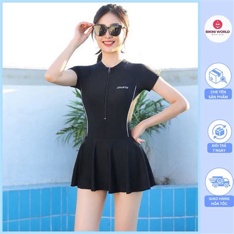 Size M L XL Bikini đồ bơi kín đáo liền mảnh dây kéo ngắn tay liền váy có quần đùi bên trong