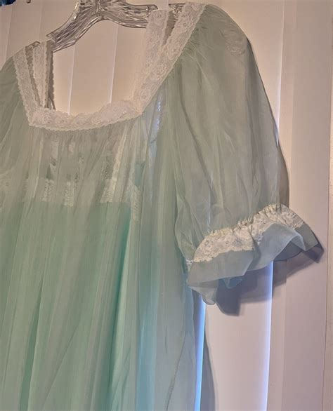 Vintage Tosca Chiffon Lace Peignoir Nightgown Robe Green White Costume