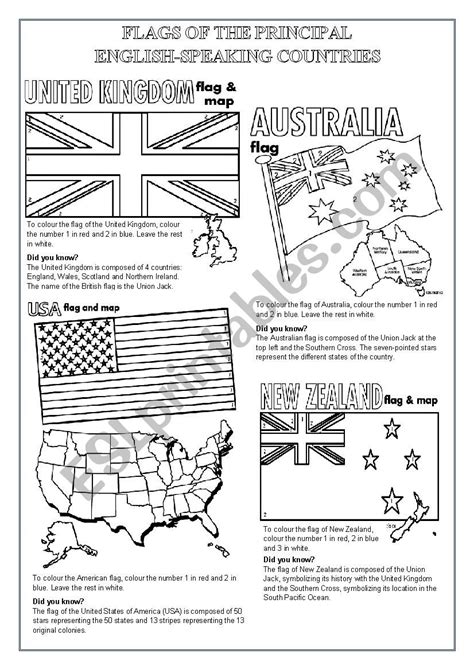 ENGLISH SPEAKING COUNTRIES FLAGS TO COLOUR ESL Worksheet By Morrisons