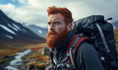 Premium AI Image Autumn Hike On Mountain Portrait Of Handsome Bearded