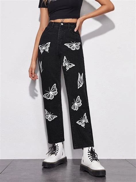 High Waisted Butterfly Print Mom Jeans Shein In 2021 Fashion Pants