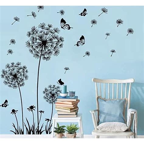 Sticker Muraux Pissenlit Blanc Autocollant Mural Papillon Fleurs