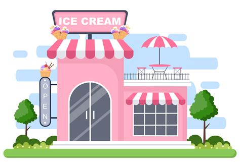 Ice Cream Shop Illustration With Open Board Tree And Building Store