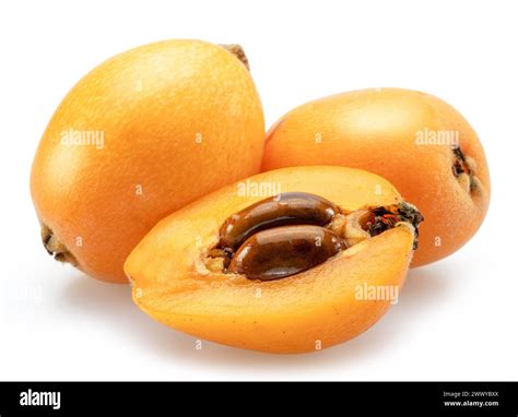 Ripe Perfect Loquats Fruits With Green Leaves Isolated On White