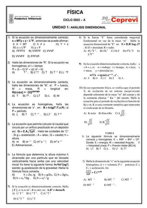 Física 1 Fisica Si la ecuación es dimensionalmente correcta x