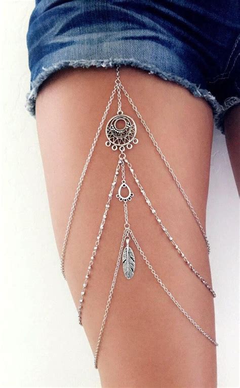 Boho Garter Bikini Leg Chain Bikini Thigh Chain Leg Harness Etsy Leg Jewelry Leg Chain