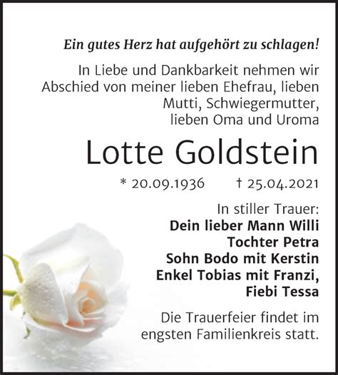 Traueranzeigen Von Lotte Goldstein Abschied Nehmen De