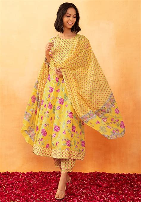 Buy Women Yellow Floral Jaal Print Rayon Anarkali Kurta With Pants And