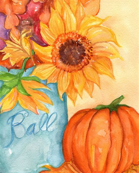 Sunflower painting Fall leaves pumpkin painting by SharonFosterArt