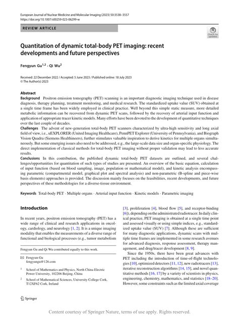 PDF Quantitation Of Dynamic Total Body PET Imaging Recent