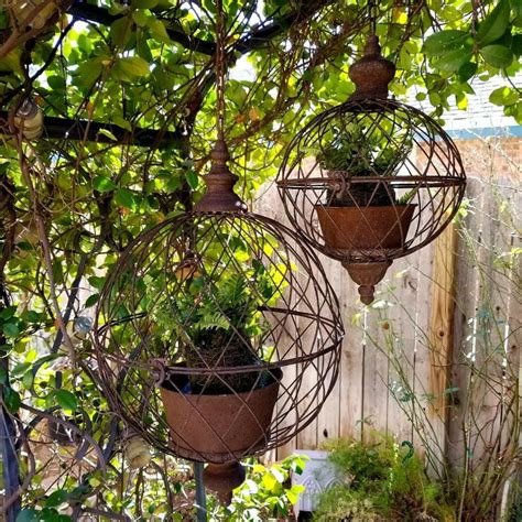 Antique Style Metal Wire Hanging Orb Planter Cages Set Of 2 Hanging