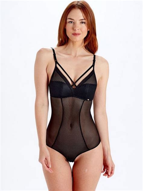 Pretty Polly Diamond Mesh Non Wired Padded Bodysuit Black Uk