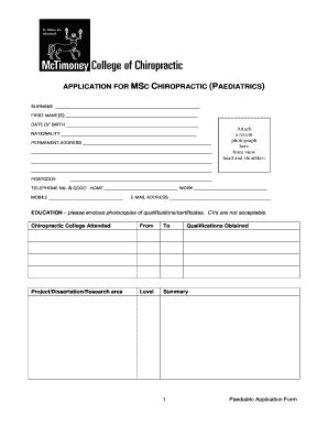 Fillable Online MSc Chiropractic Paediatrics Application Form