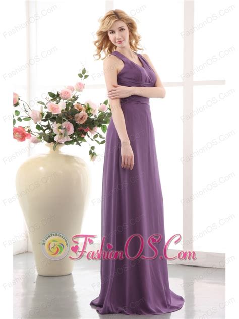 Elegant Purple Empire V Neck Bridesmaid Dress Floor Length Chiffon Ruch