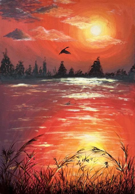 Sunset on the lake Painting by Izabel Oleynik | Saatchi Art