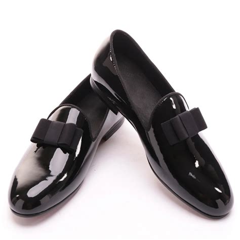 Black Patent Leather Men Handmade Loafers With Black Bowtie Fashion Banquet And Prom Men Dress