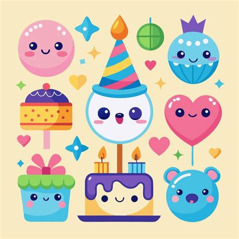 Caracteres de dibujos animados con caras felices y tema de cumpleaños