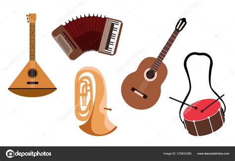 Music Instrument Set Isolated Musical Instruments Tuba Guitar