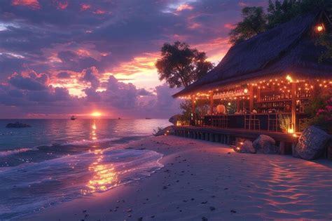 Premium Photo Sunset Beach Bar With Thatched Roof