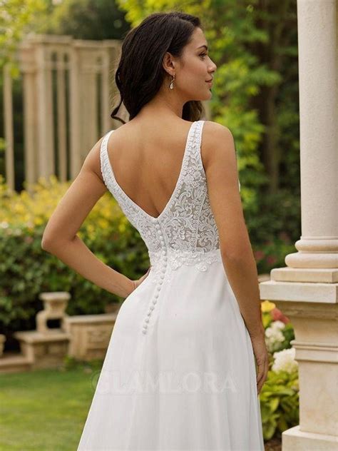 A Line V Neck Feminine Sleeveless Sweep Train Chiffon Wedding Dresses Glamlora