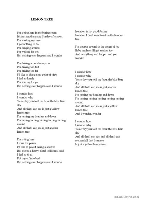 Lemon Tree Lyrics Song And Nursery R English ESL Worksheets Pdf Doc