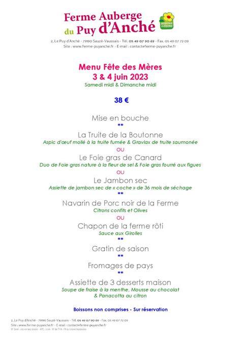 Menu F Te Des M Res La Ferme Du Puy Anch