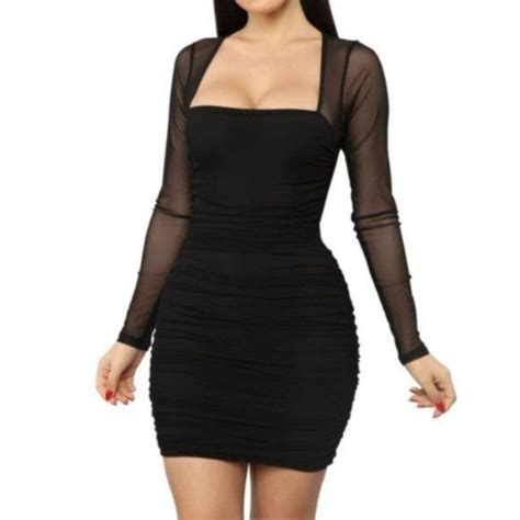 Sheer Mesh Sleeve Square Neck Dress Black Color Black Size Various Mini Black Dress