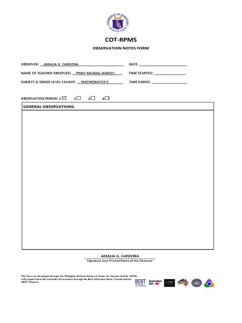 Cot Rpms Observation Notes Form Pdf