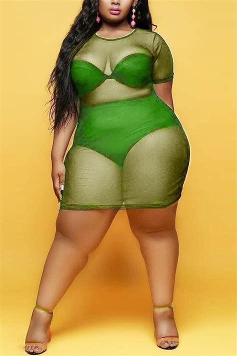 Sexy Perspective Mesh Fluorescent Green Plus Size Dress