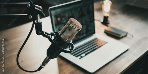 Home Studio Podcast Interior Microphone Laptop And On Air Lamp On The