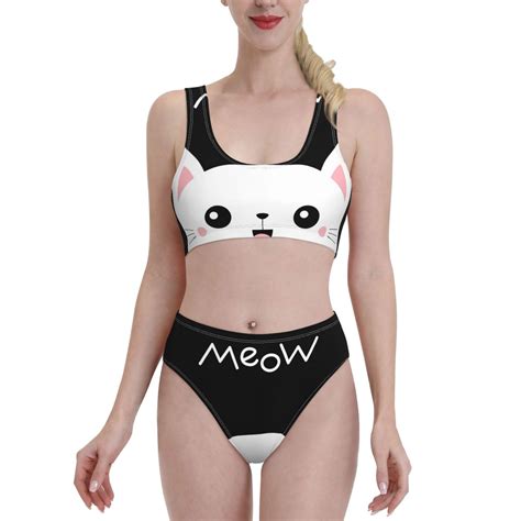 Adobk Cat Meow Print Women High Waisted Bikini Set Sports Swimsuit