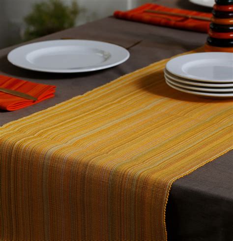 Buy Handwoven Stripes Cotton Table Runner Yellow 14"x 60" – Thoppia