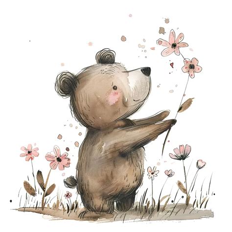 Premium Photo A Drawing Of A Bear Holding A Flower