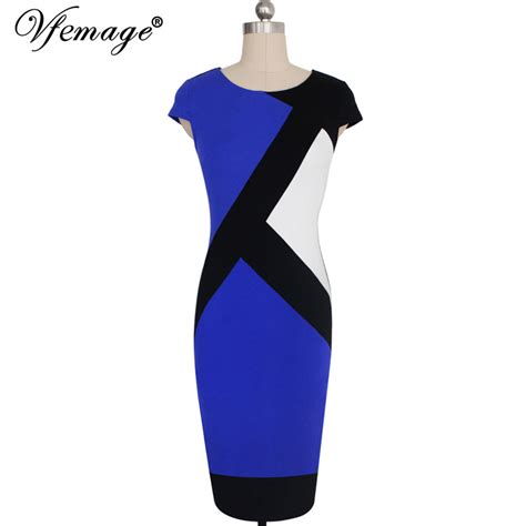 Vfemage Womens Elegant Optical Illusion Colorblock Contrast Modest Slim