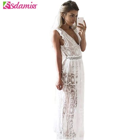 New Women Sexy Deep V Neck Backless Party Dress Slim Crochet Lace Maxi