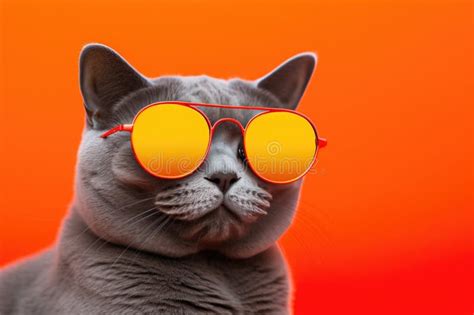 Portrait Chartreux Cat With Sunglasses Orange Background Stock