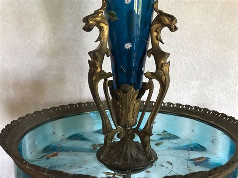 Impressive Antique Epergne Centerpiece With Hand Painted Blue Venetian Glass Decorated With