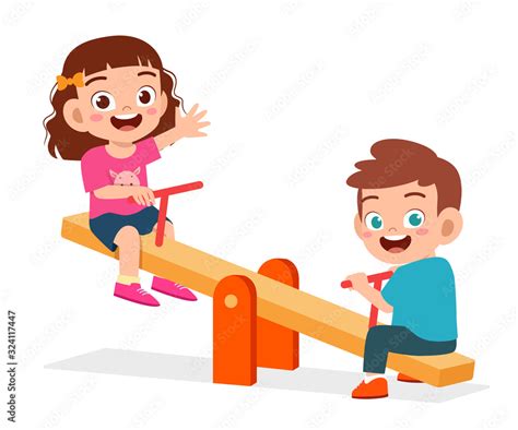 Happy Cute Kid Boy And Girl Play Seesaw Together Stock Vector Adobe Stock