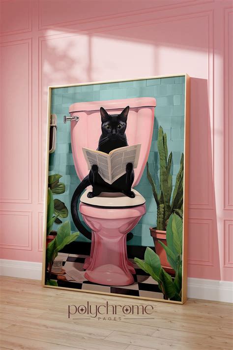 Black Cat Using Toilet Cat Reading Newspaper Bathroom Decor Art Funny