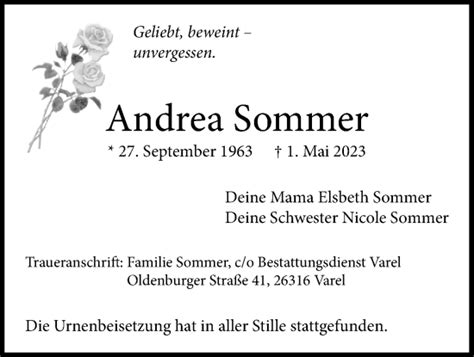 Traueranzeigen Von Andrea Sommer Nordwest Trauer De