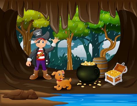 Ilustra O Do Menino Pirata Na Caverna Do Tesouro Vetor Premium