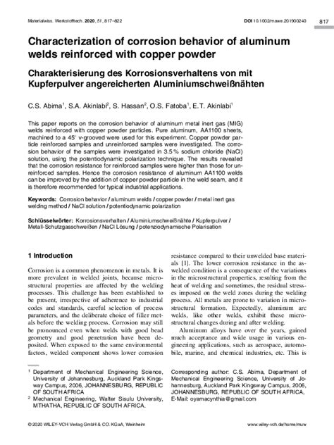 Pdf Characterization Of Corrosion Behavior Of Aluminum Welds