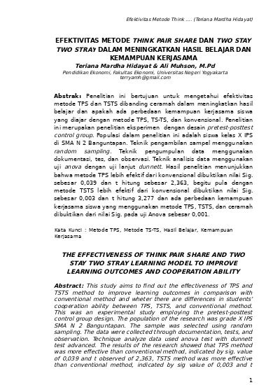 Efektivitas Model Pembelajaran Think Pair Share Tps Dan Two Stay Two