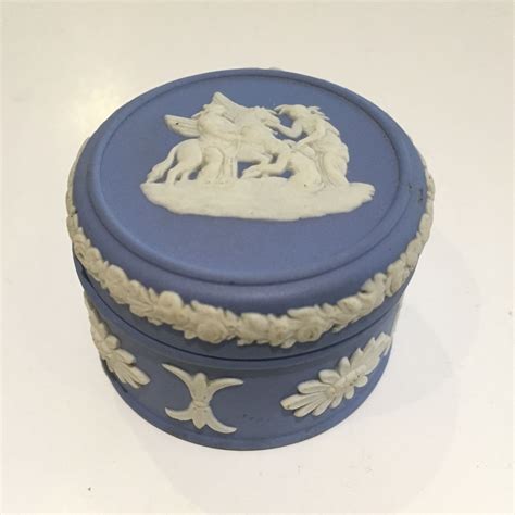 Wedgwood Blue Jasperware Circular Pegasus Trinket Box Vintage