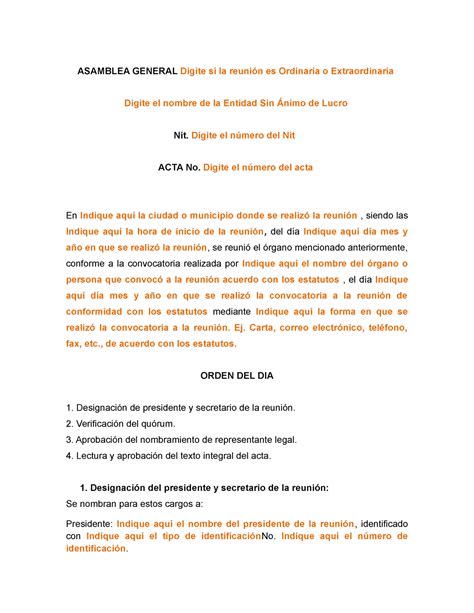 Modelo Acta De Asamblea General Para El Nombramiento De Representante Legal Asamblea General