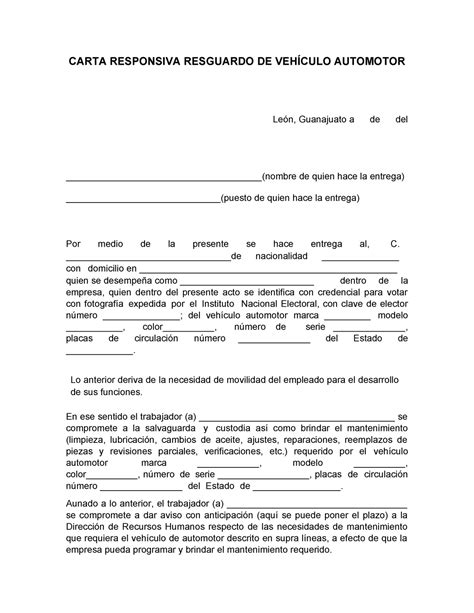 Formato De Resguardo De Veh Culo Automotor A Un Trabajdor Carta