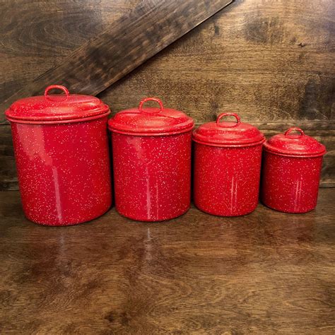 New My Etsy Shop Vintage Red Speckled Enamel Canisters Set Of 4